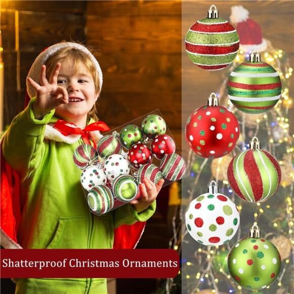 Set of 12 Christmas Ball Ornaments, 2.4'' Glitter Elf Candy Cane Tree Decoration - Picture 5 of 8